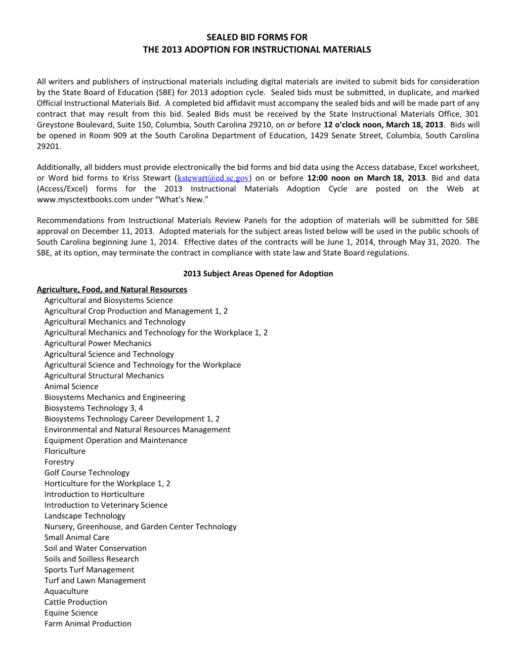 South Carolina Sealed Bid Form Specification Sheet