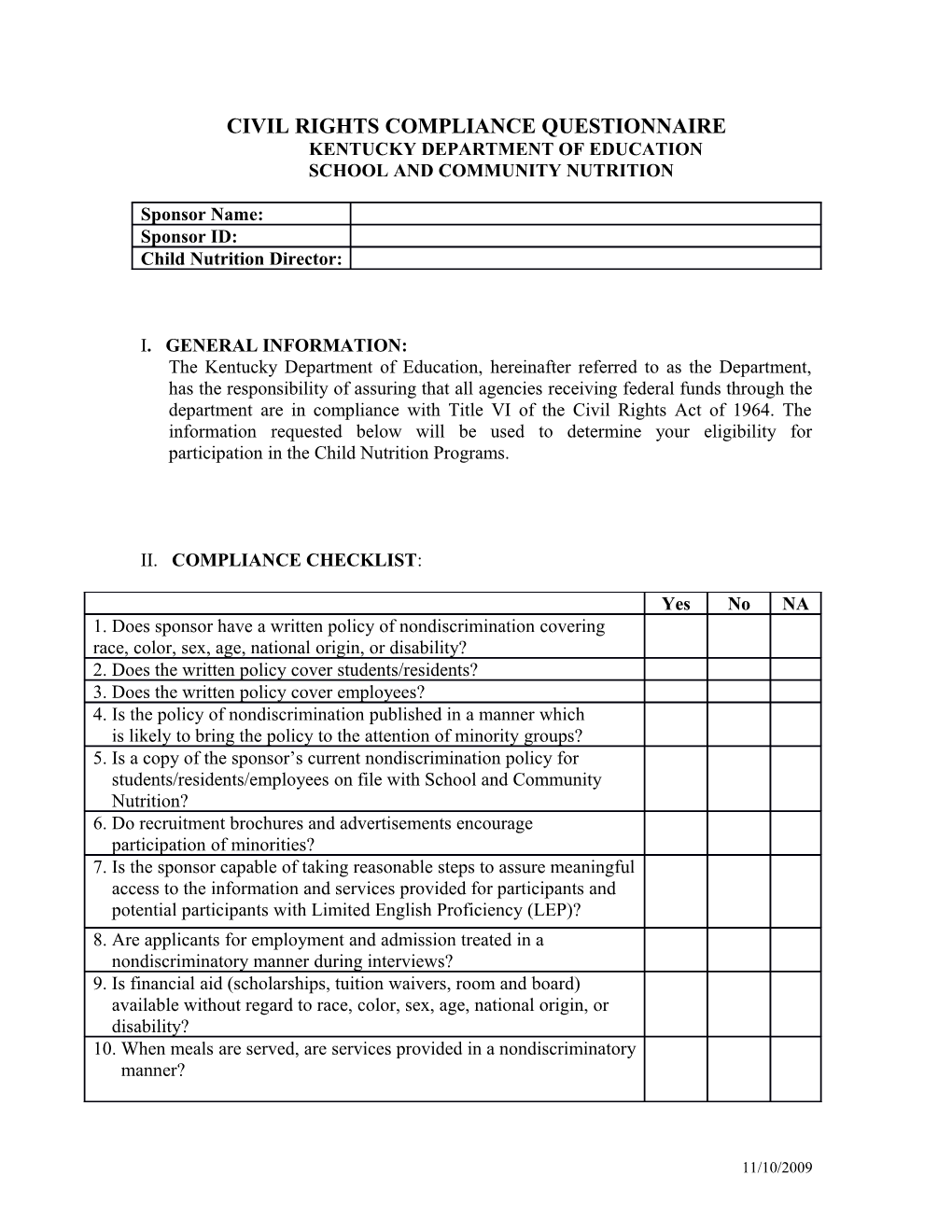 Civil Rights Compliance Questionnaire