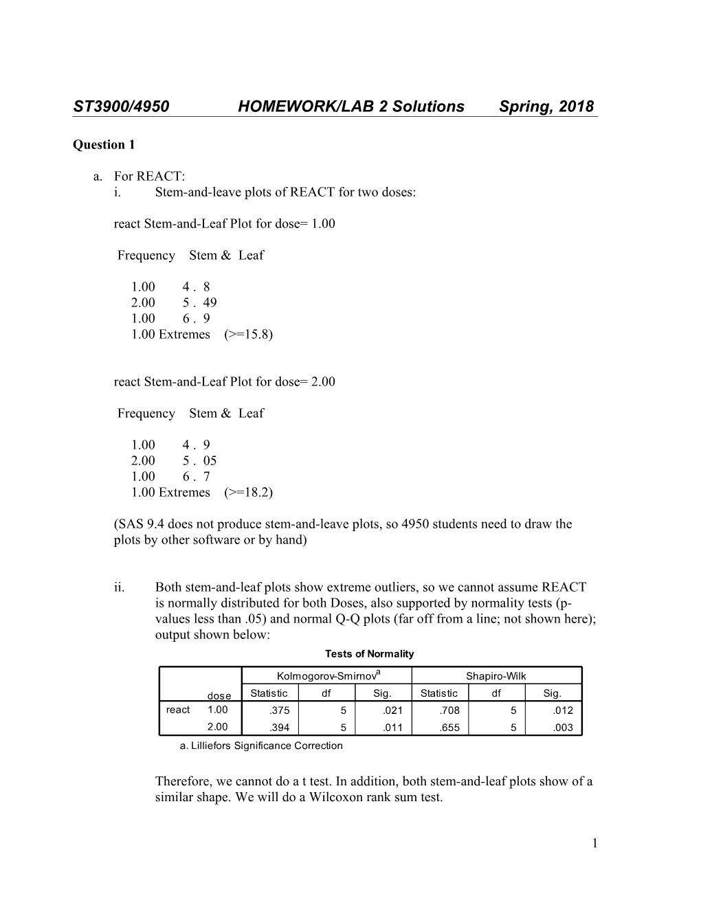 ST3900/4950HOMEWORK/LAB 2 Solutions Spring, 2018