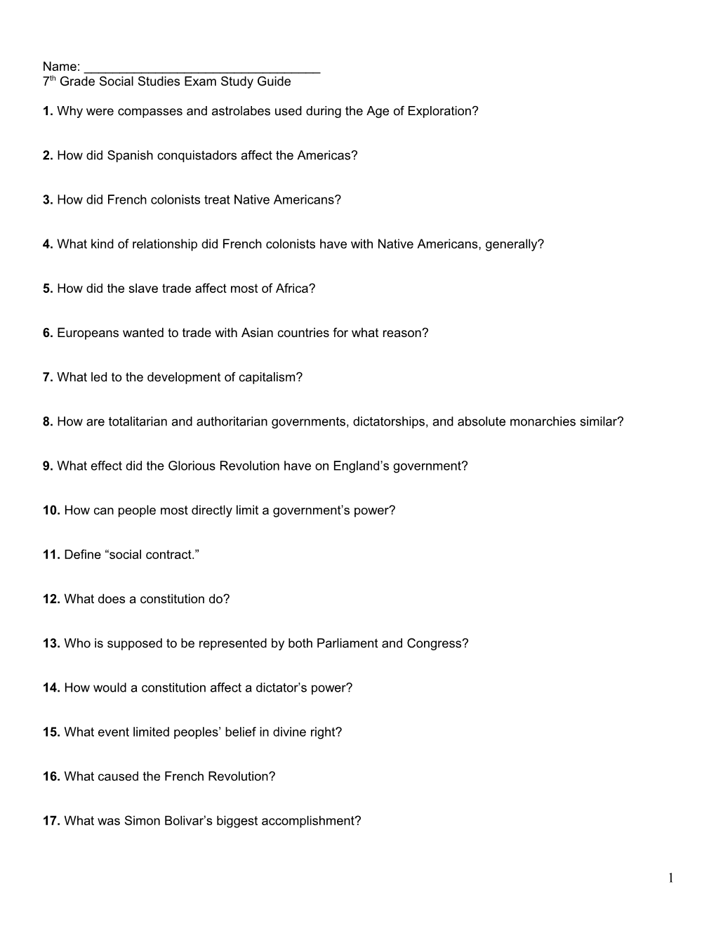 7Th Grade Social Studies Exam Study Guide