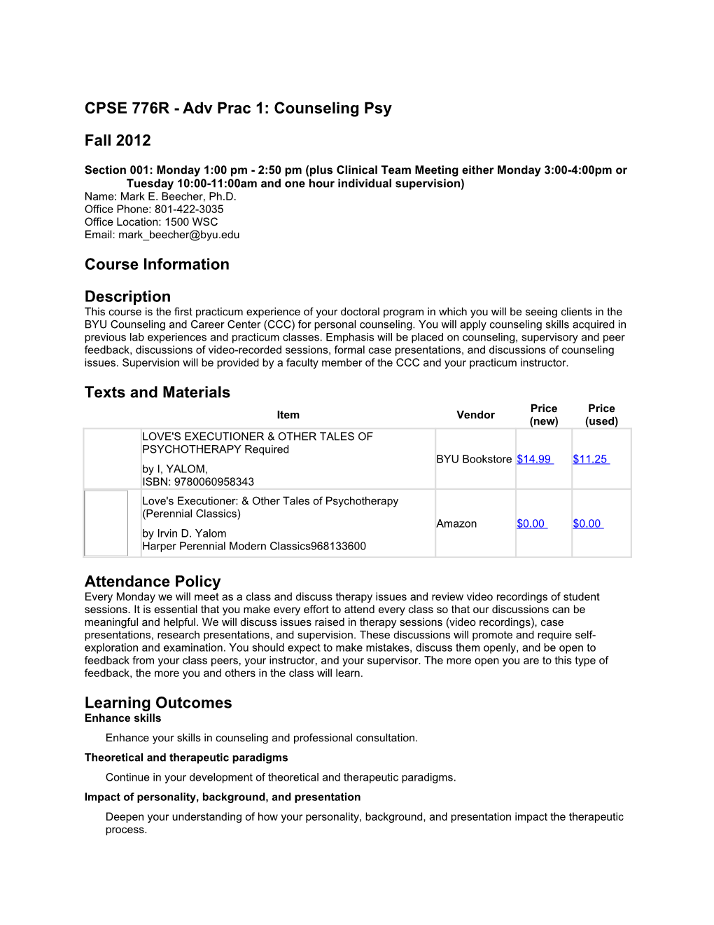 CPSE 776R - Advprac 1: Counseling Psy