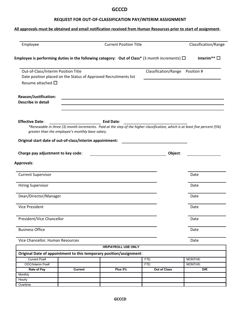 Request for out of Class Pay Interim Appointment