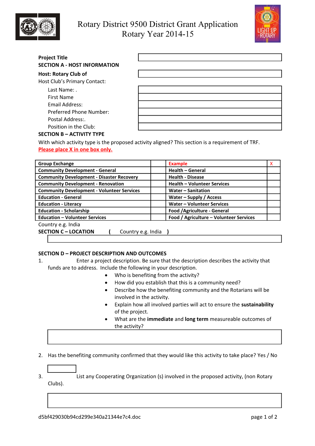 District Grant Application Form 2010-2011