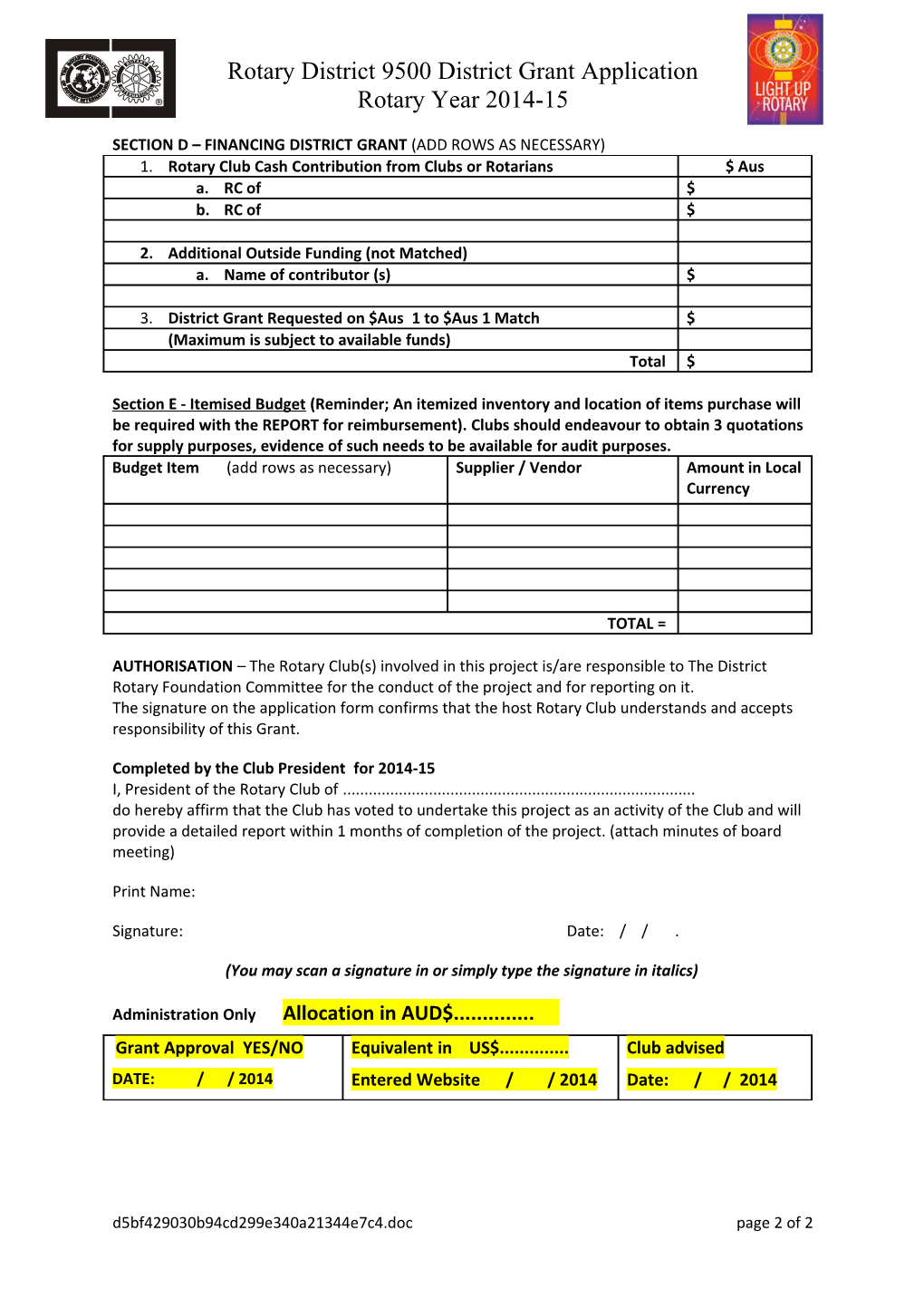 District Grant Application Form 2010-2011