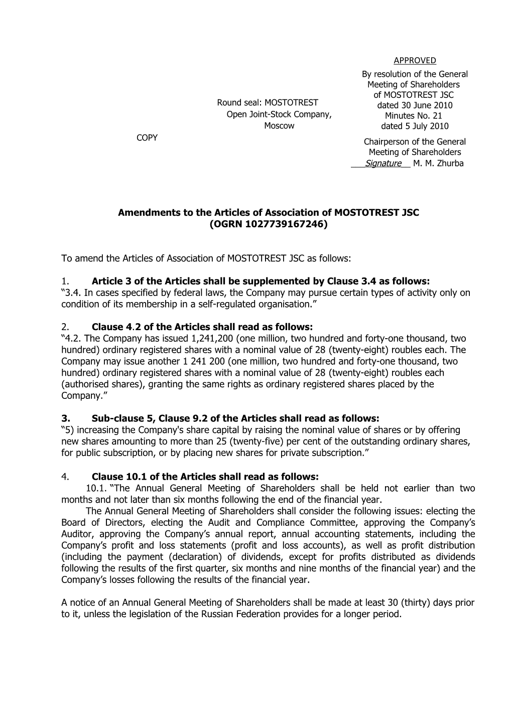 Amendments to the Articles of Association of MOSTOTREST JSC