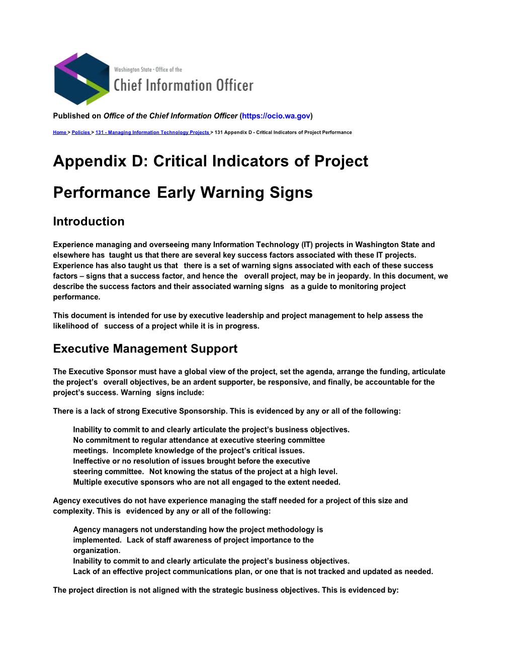 131 Appendix D - Critical Indicators of Project Performance