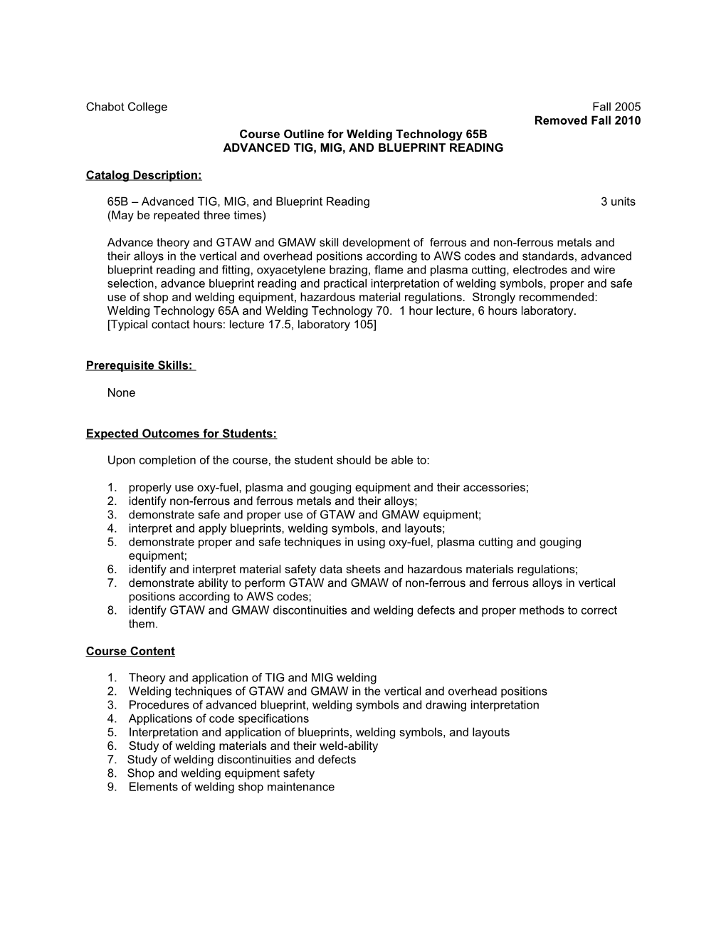 Course Outline for Welding Technology 65B