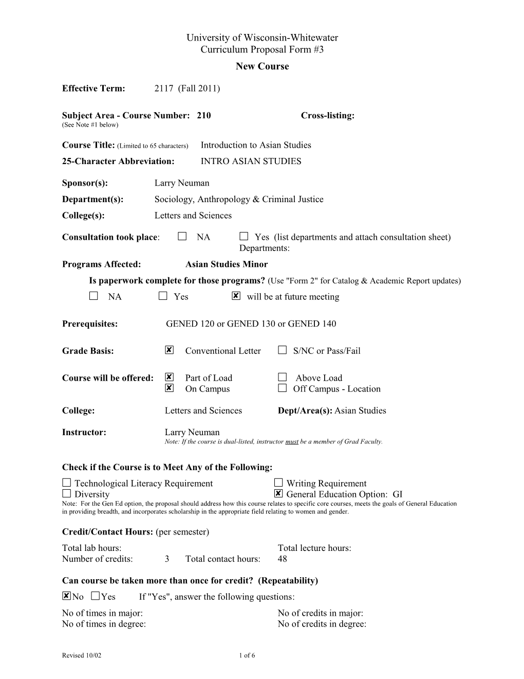 Subject Area - Course Number:210Cross-Listing