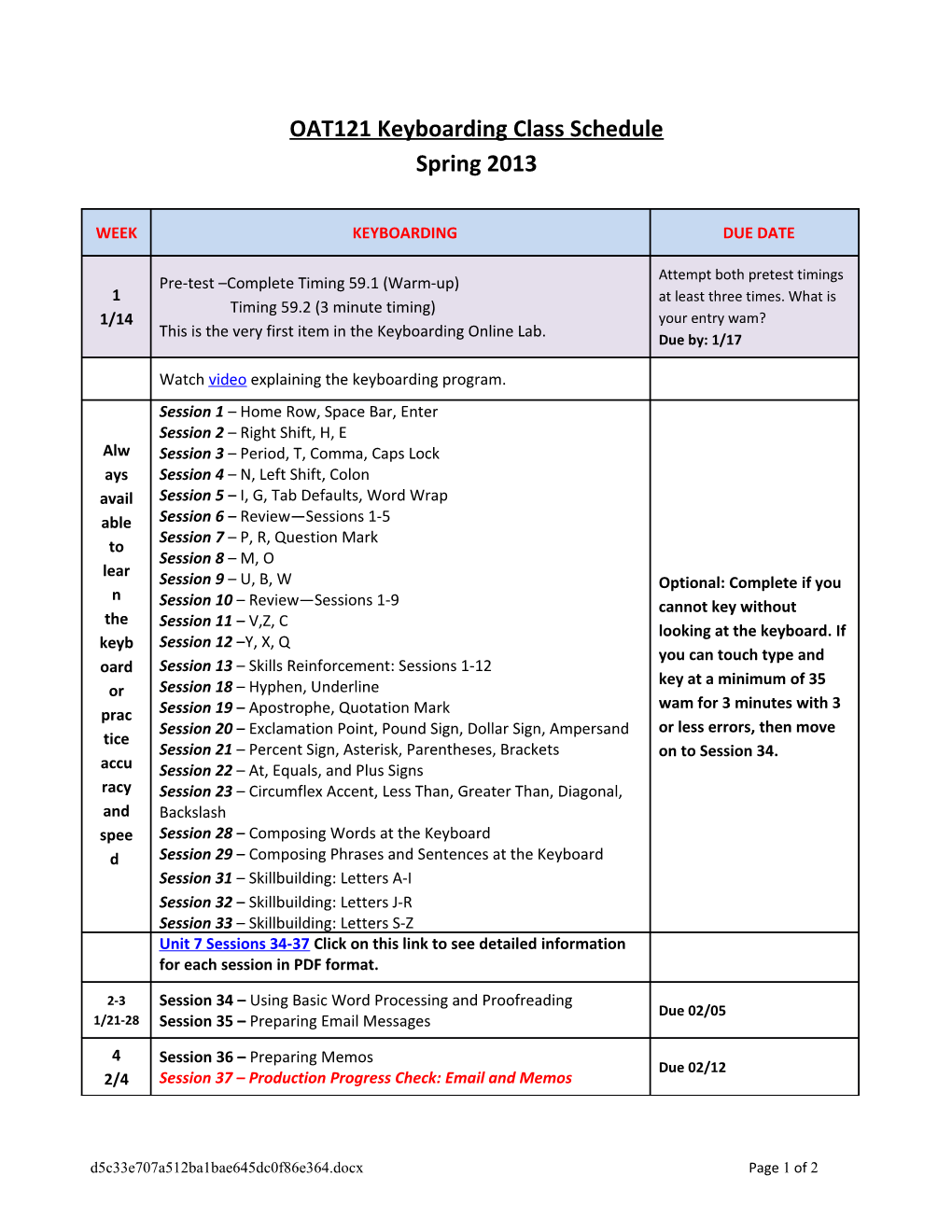 OAT121 Keyboardingclass Schedule