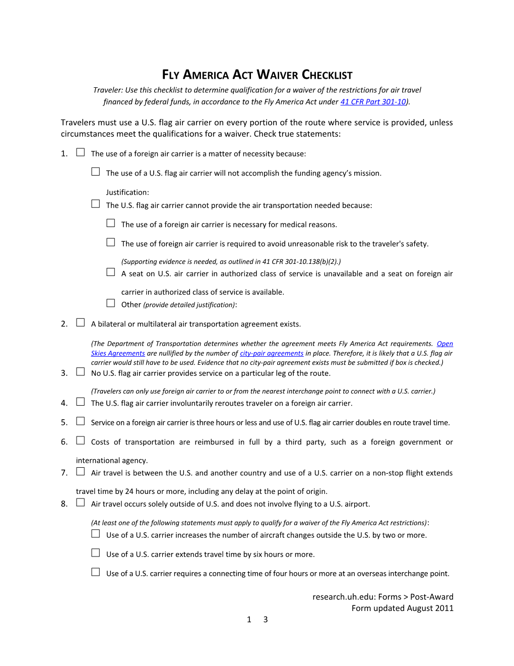 Fly America Act Waiver Checklist Traveler: Use This Checklist to Determine Qualification