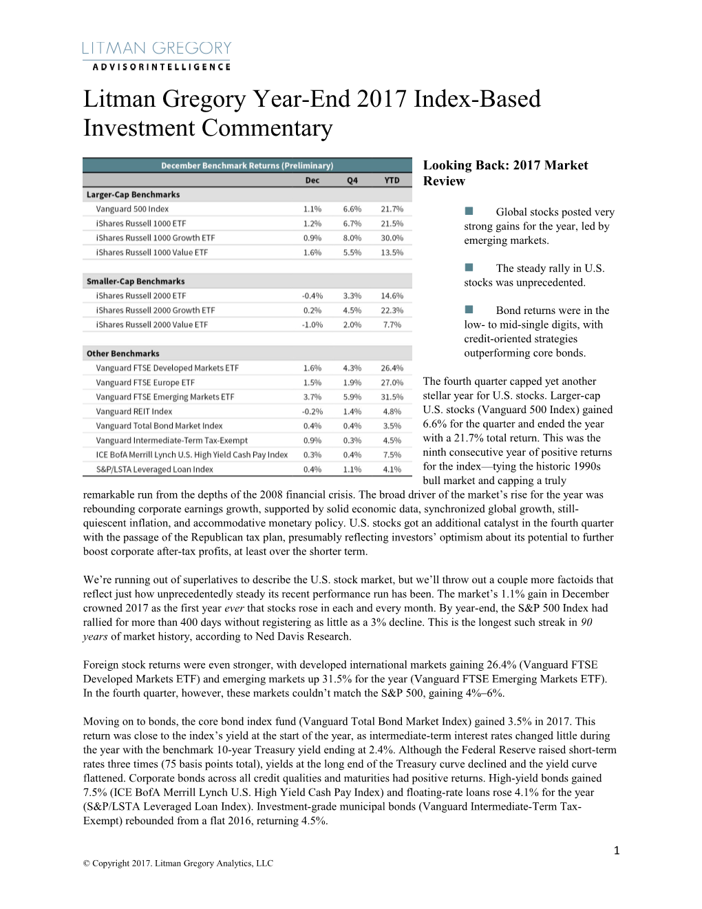 Litman Gregory Year-End 2017 Index-Based Investment Commentary