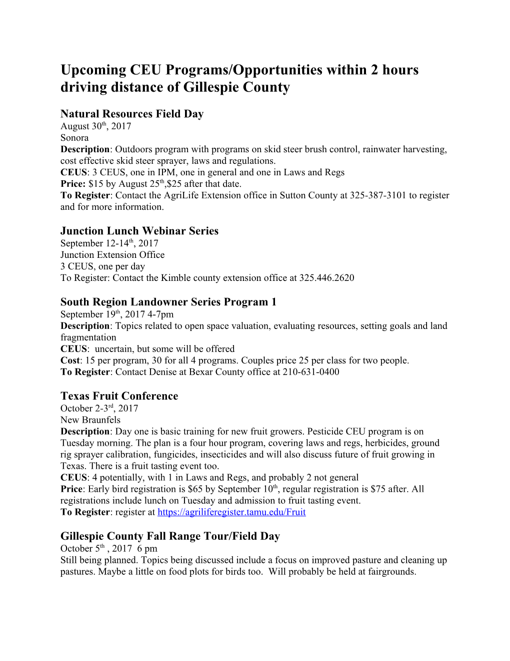Upcoming CEU Programs/Opportunities Within 2 Hours Driving Distance of Gillespie County