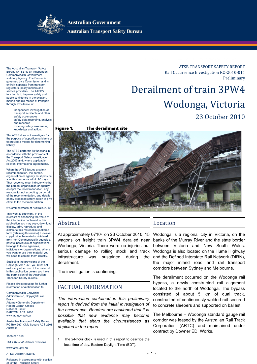 Derailment of Train 3PW4 Wodonga, Victoria 23 October 2010