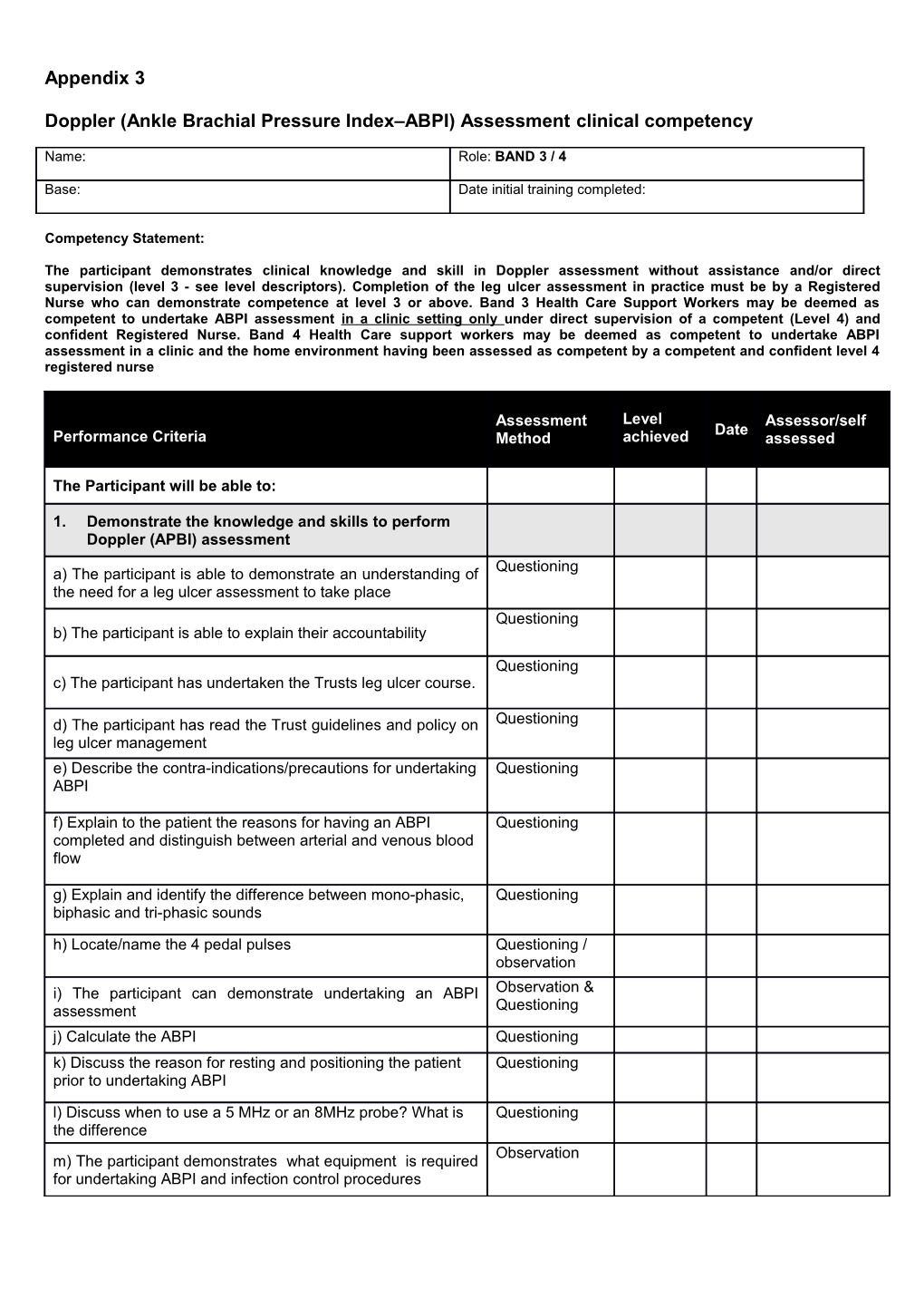 Doppler (Ankle Brachial Pressure Index ABPI) Assessment Clinical Competency