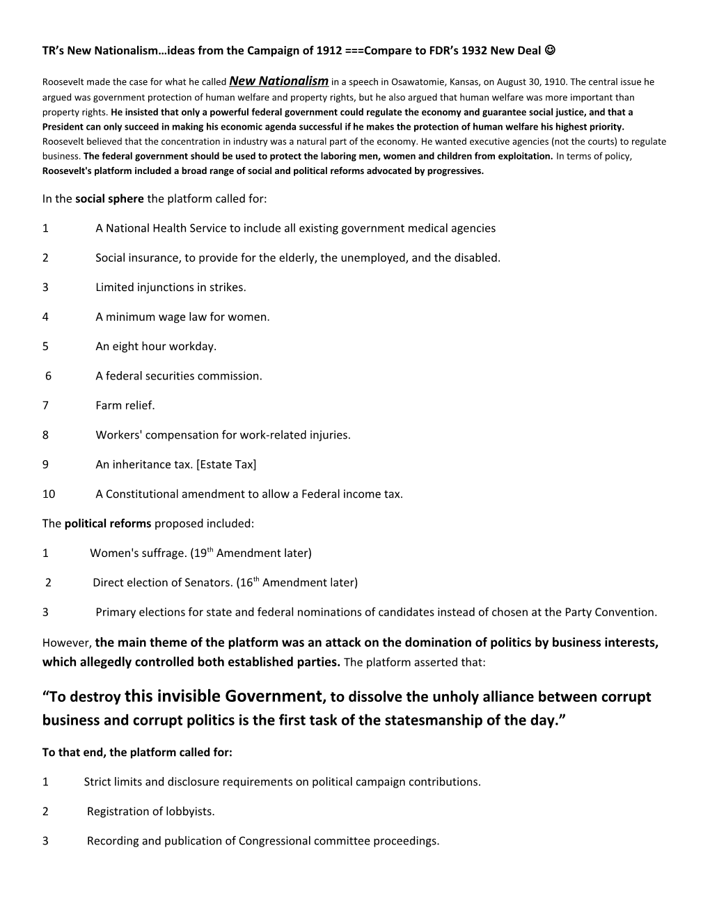 TR S New Nationalism Ideas from the Campaign of 1912 Compare to FDR S 1932 New Deal