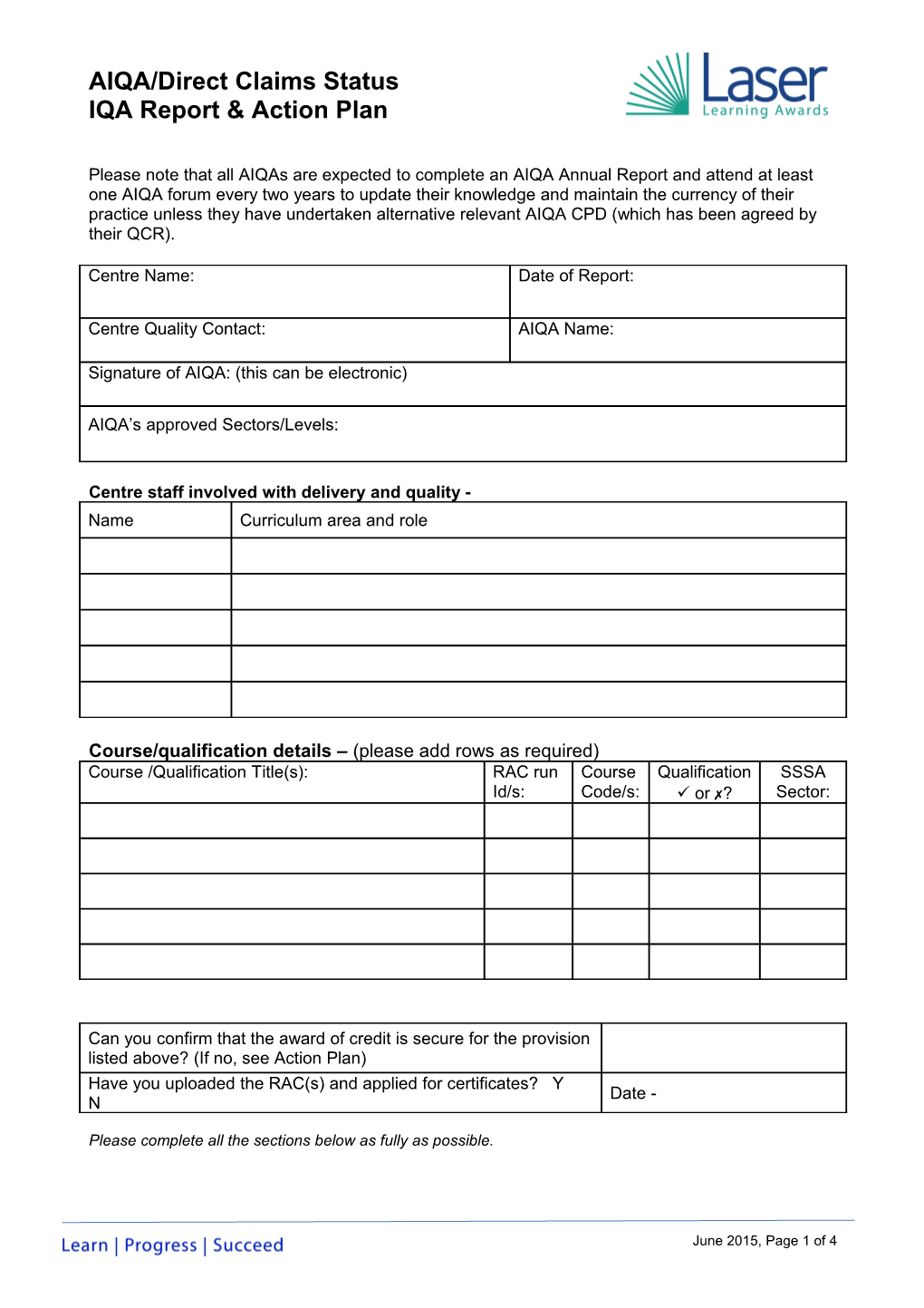 Quality Review Feedback for On-Course Visit (QR1) Form
