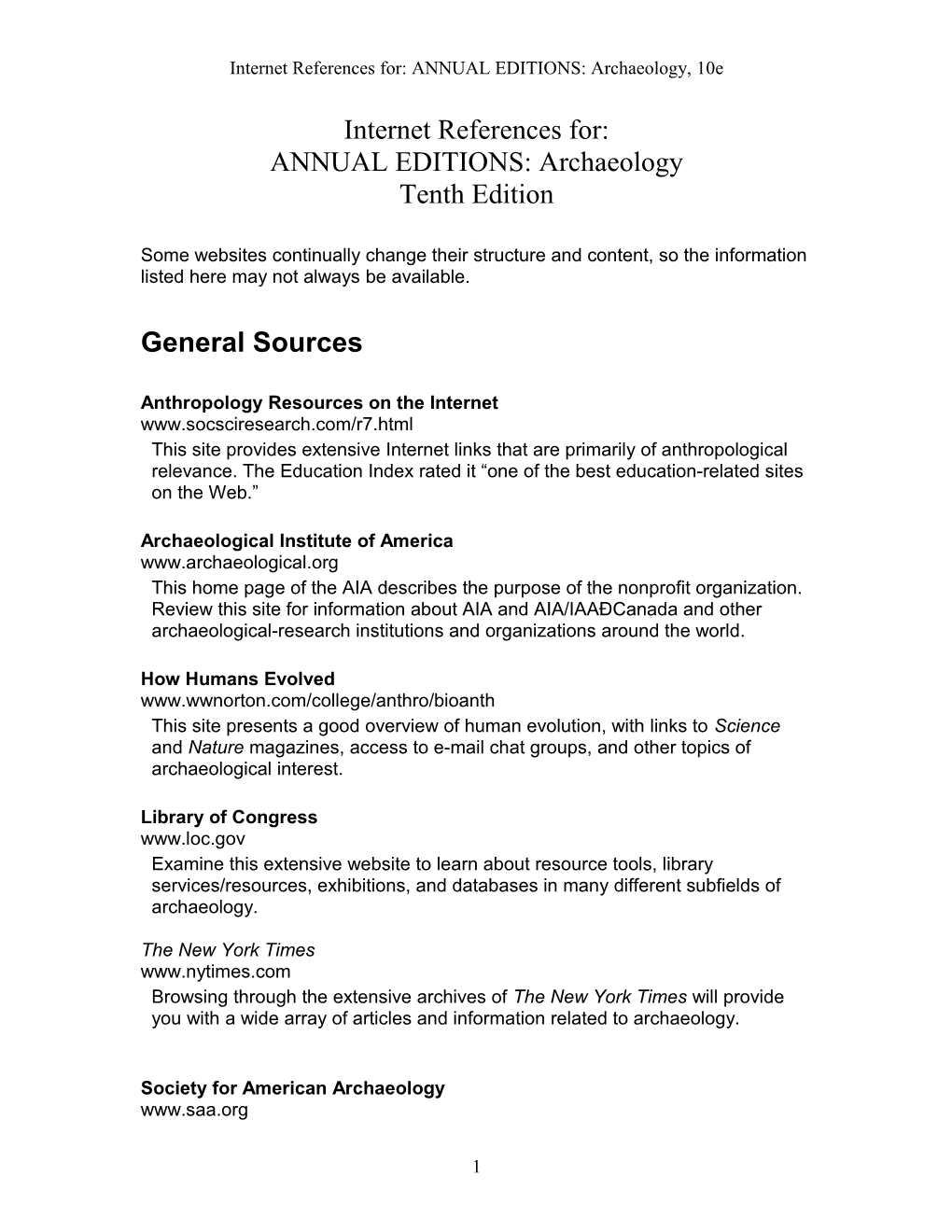 Internet References For: ANNUAL EDITIONS: Archaeology, 10E