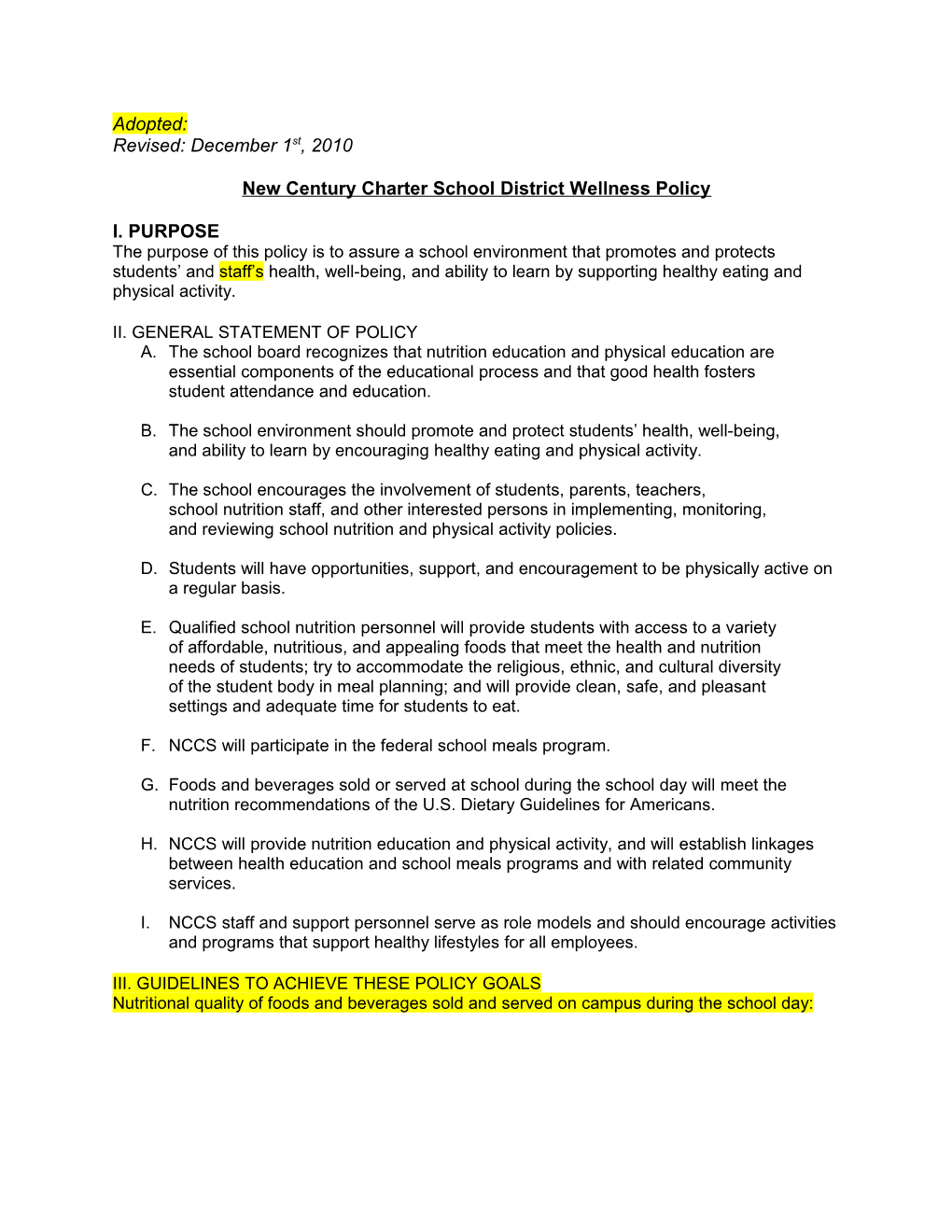 New Century Charter School District Wellness Policy