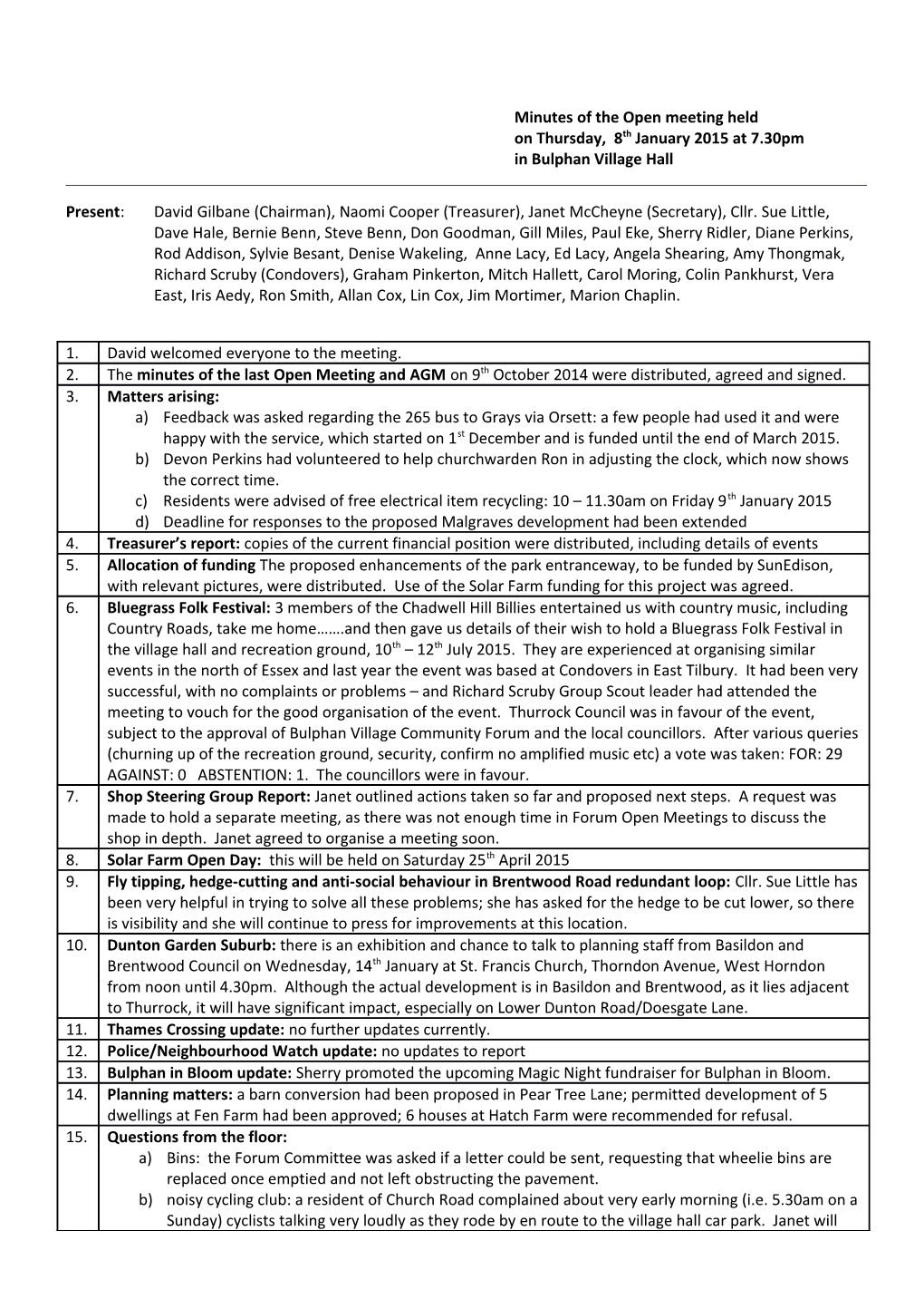 Present: David Gilbane (Chairman),Naomi Cooper (Treasurer), Janet Mccheyne (Secretary)
