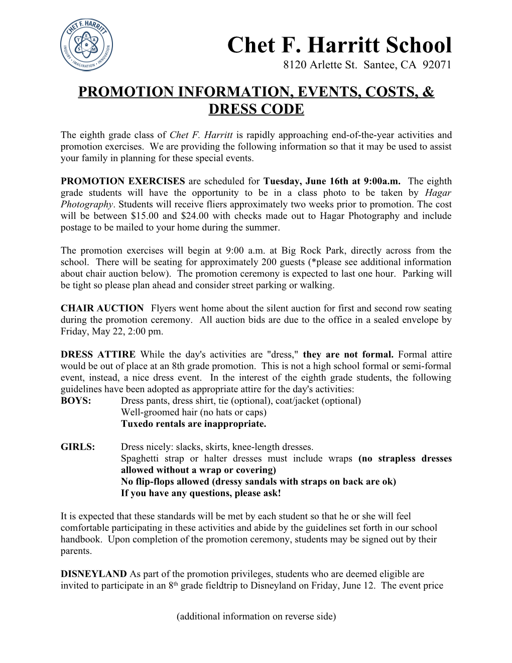 Promotion Information, Events, Costs, & Dress Code