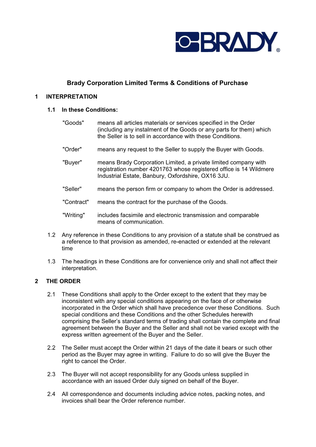Brady Corporation Limited Terms & Conditions of Purchase