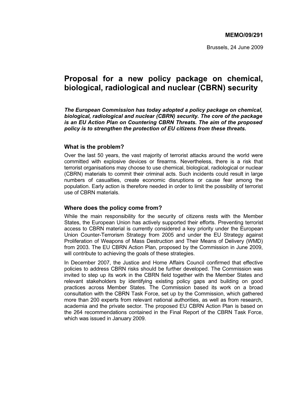 Proposal for a New Policy Package on Chemical, Biological, Radiological and Nuclear (CBRN)