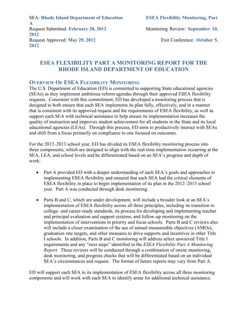 Rhode Island ESEA Flexibility Monitoring Part a Report