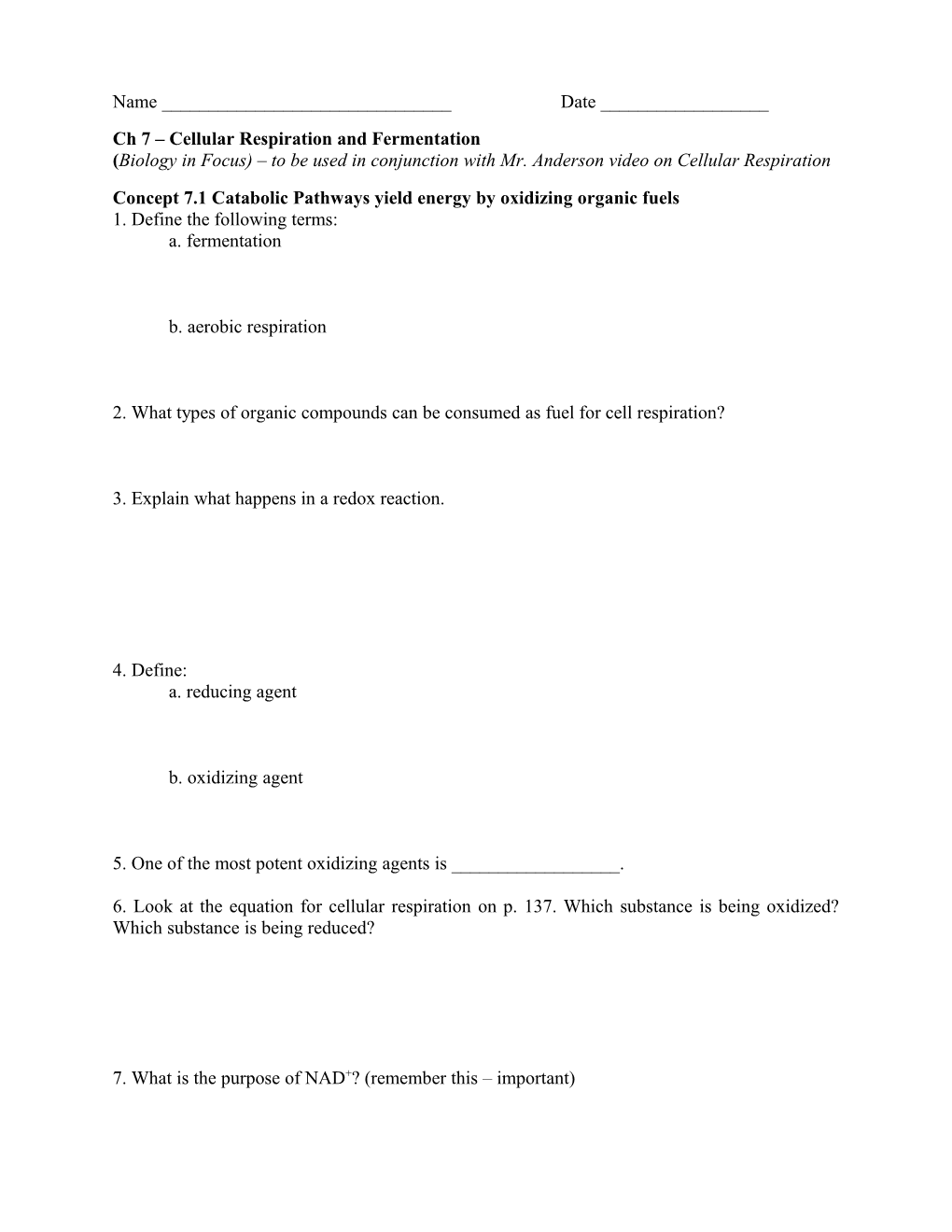 Ch 7 Cellular Respiration and Fermentation