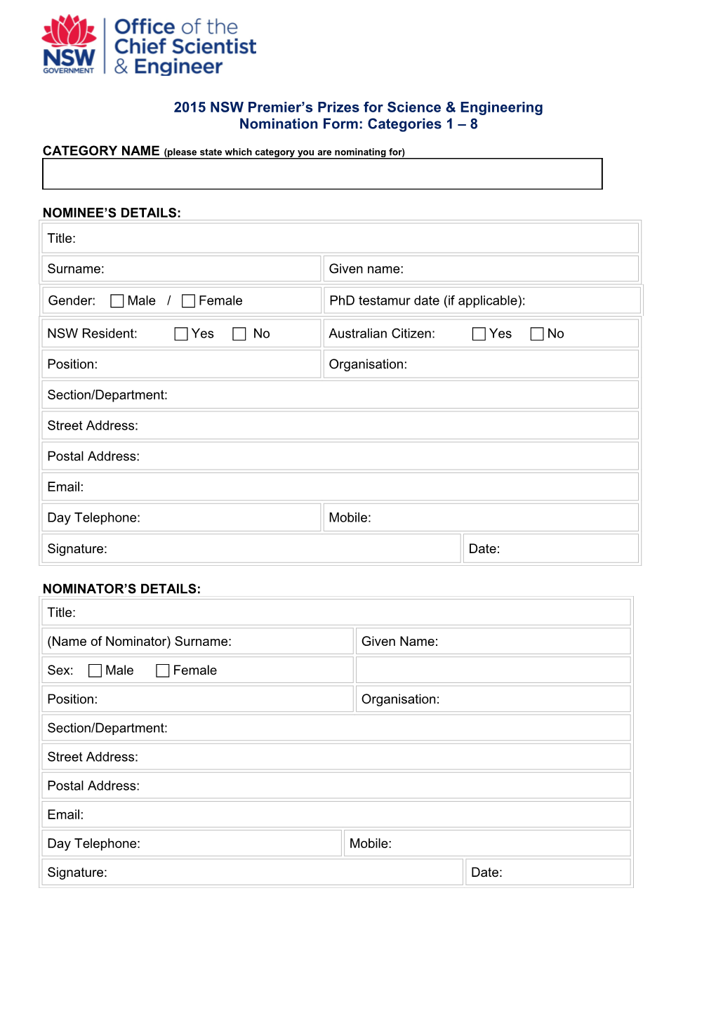 NSW Science and Engineering Awards 2012 Nomination Form