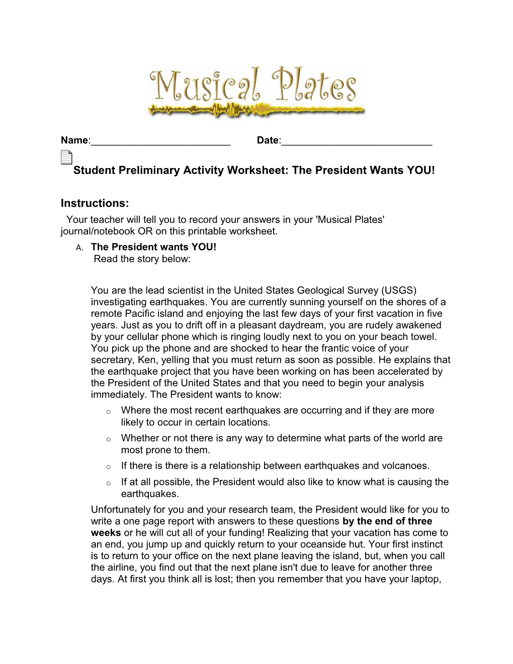 Student Preliminary Activity Worksheet: the President Wants YOU!