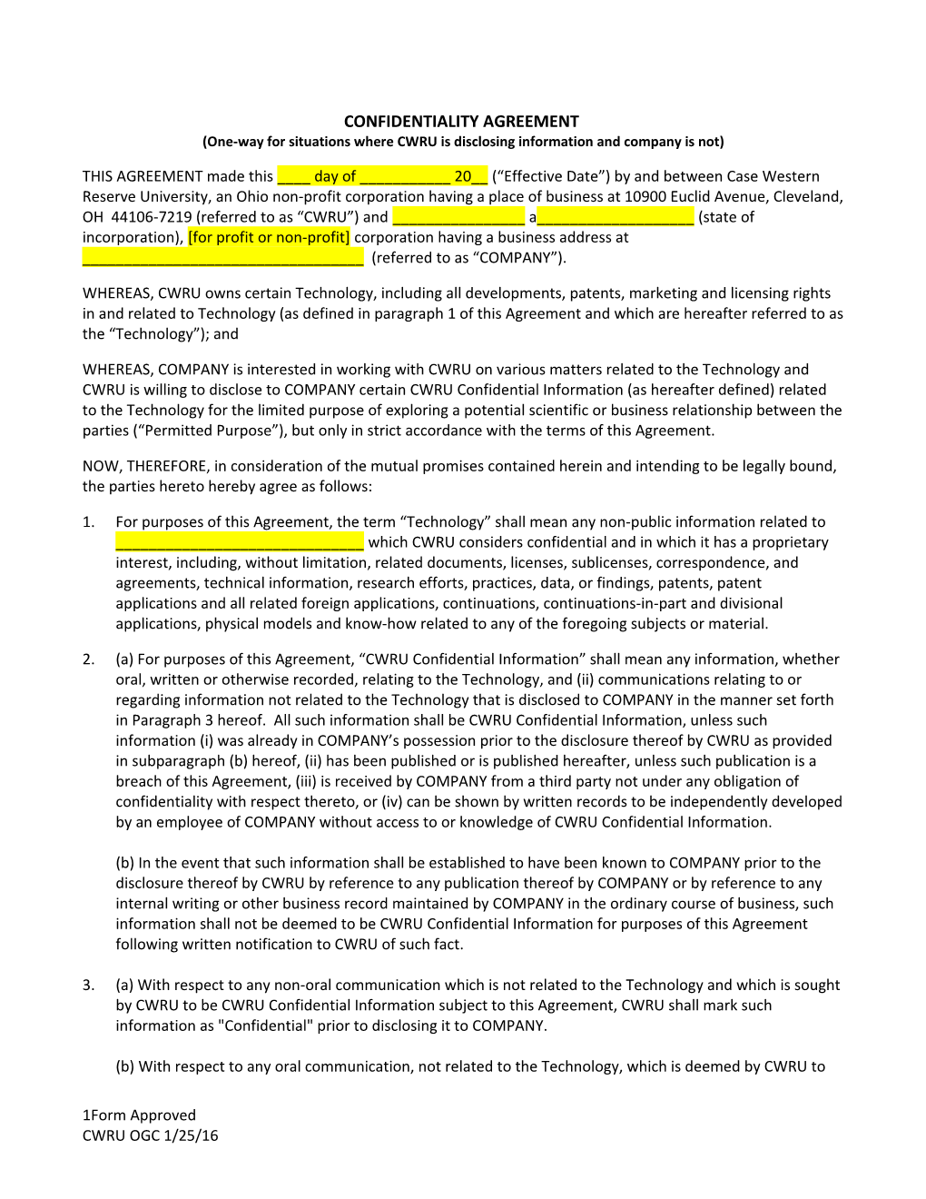 CONFIDENTIALITY AGREEMENT (One-Way for Situations Where CWRU Is Disclosing Information