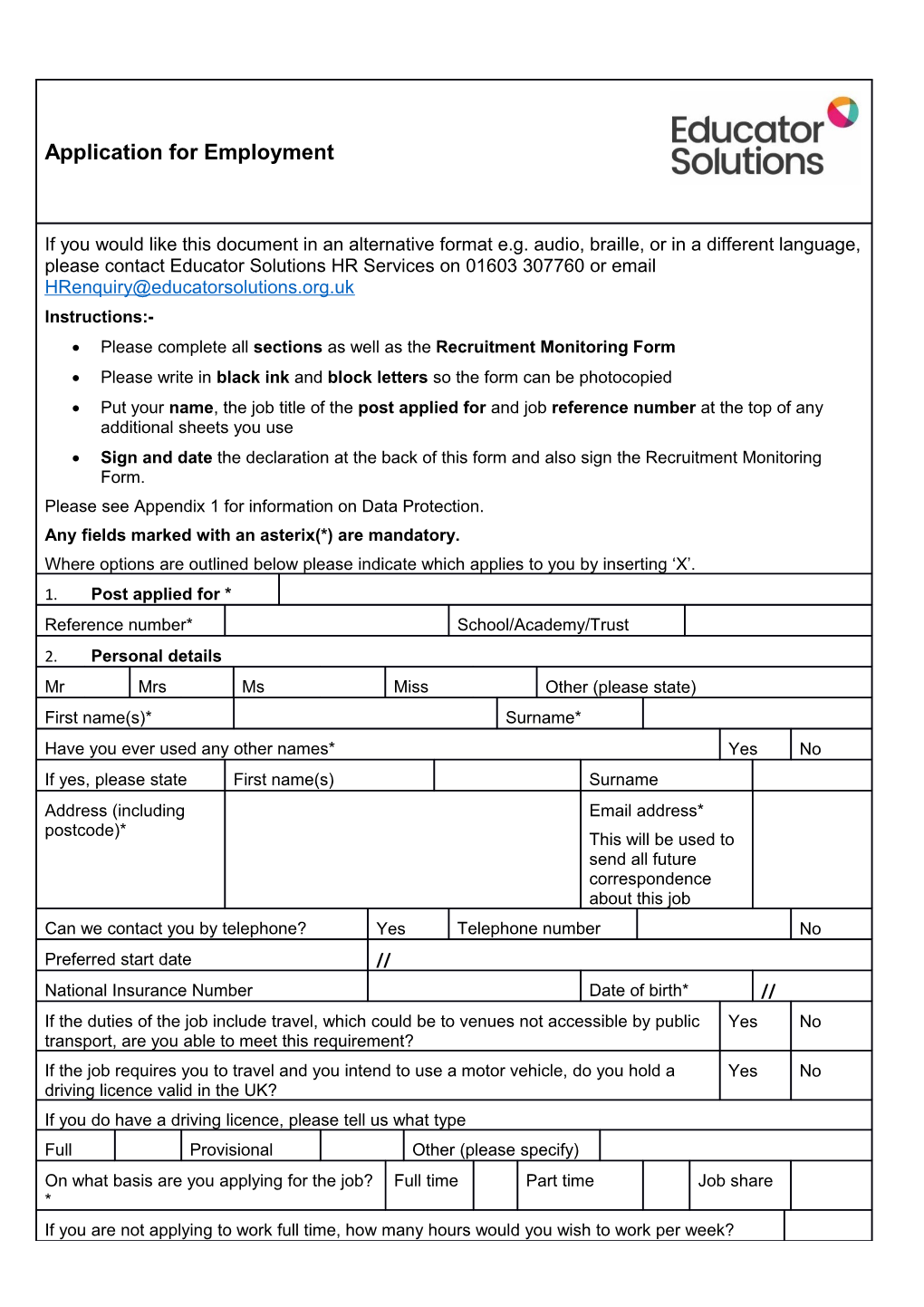 Please Complete All Sections As Well As the Recruitment Monitoring Form