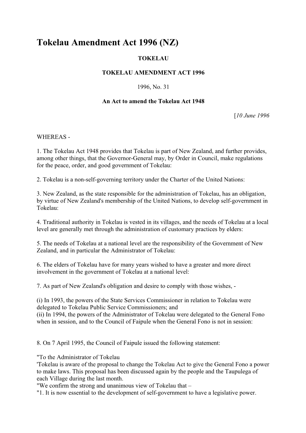 Tokelau Amendment Act 1996 (NZ)