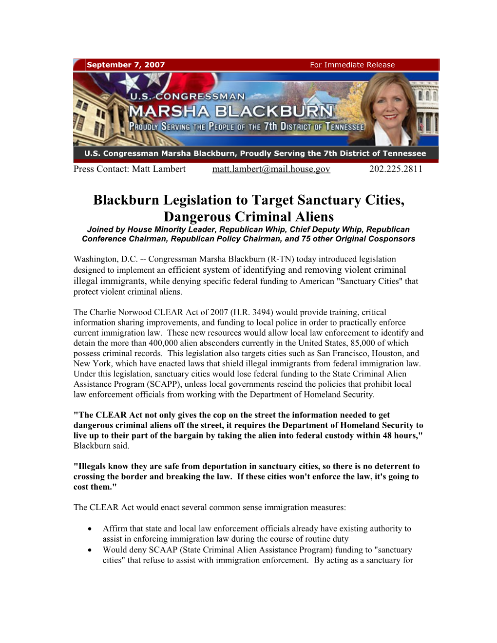 Blackburn Legislation to Target Sanctuary Cities, Dangerous Criminal Aliens