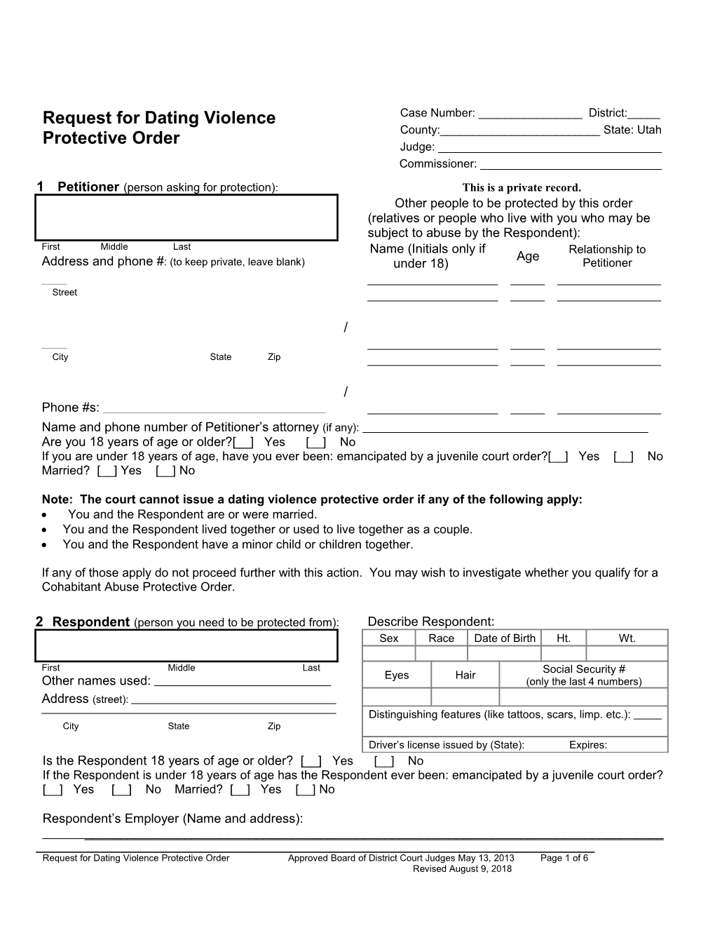 Request for Dating Violence Protective Order
