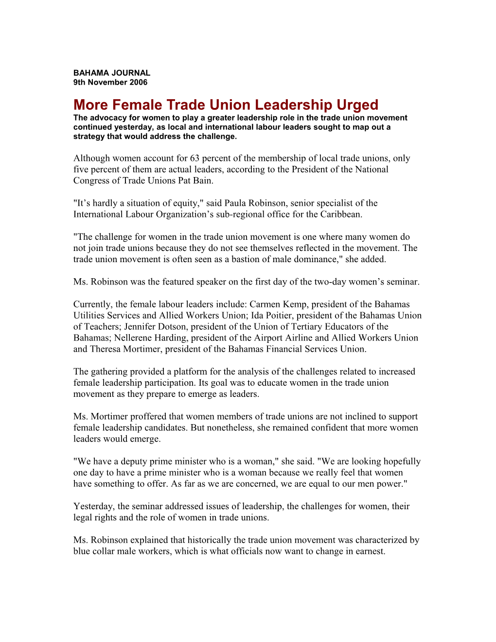 More Female Trade Union Leadership Urged