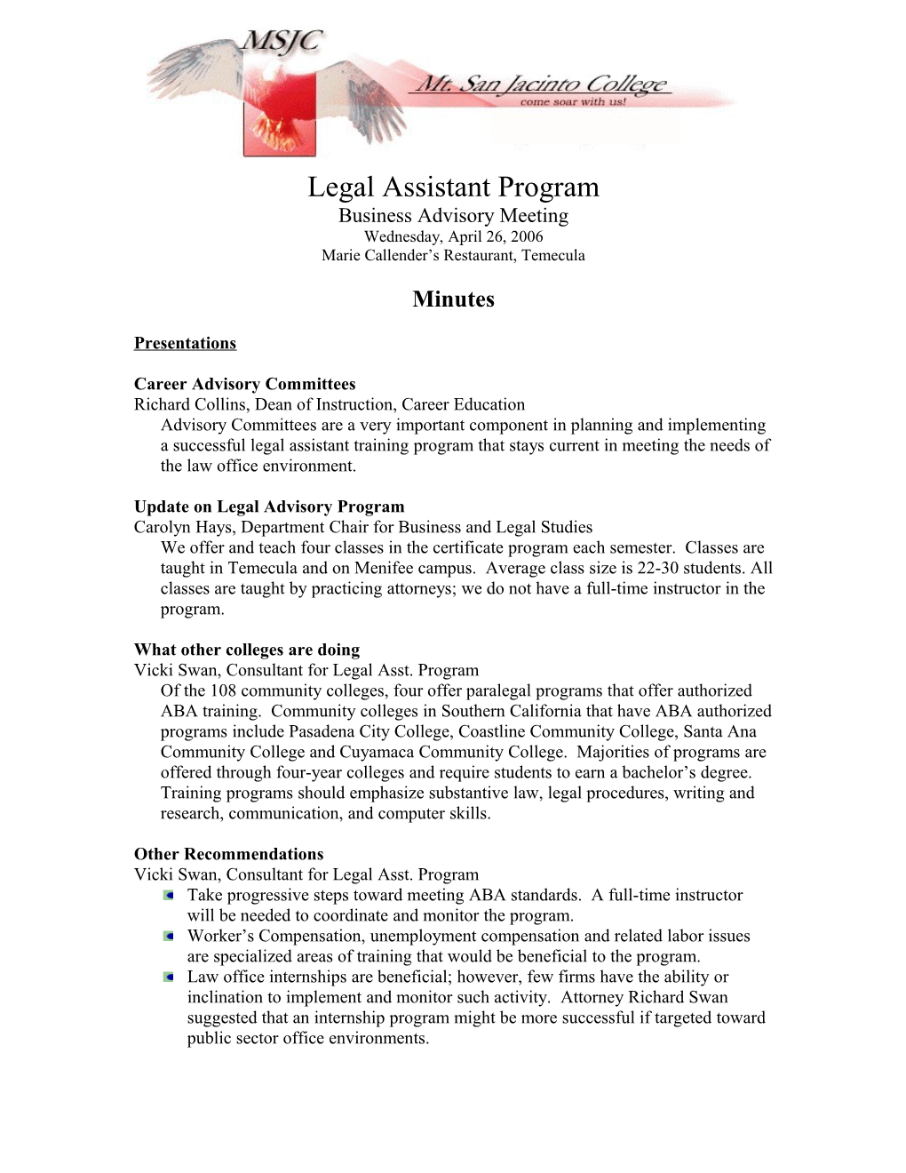 Legal Assistant Minutes 4-26-06