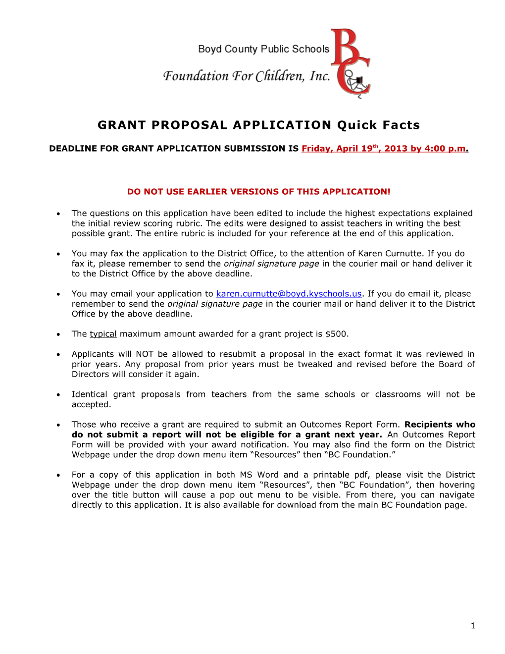 GRANT PROPOSAL APPLICATION Quick Facts