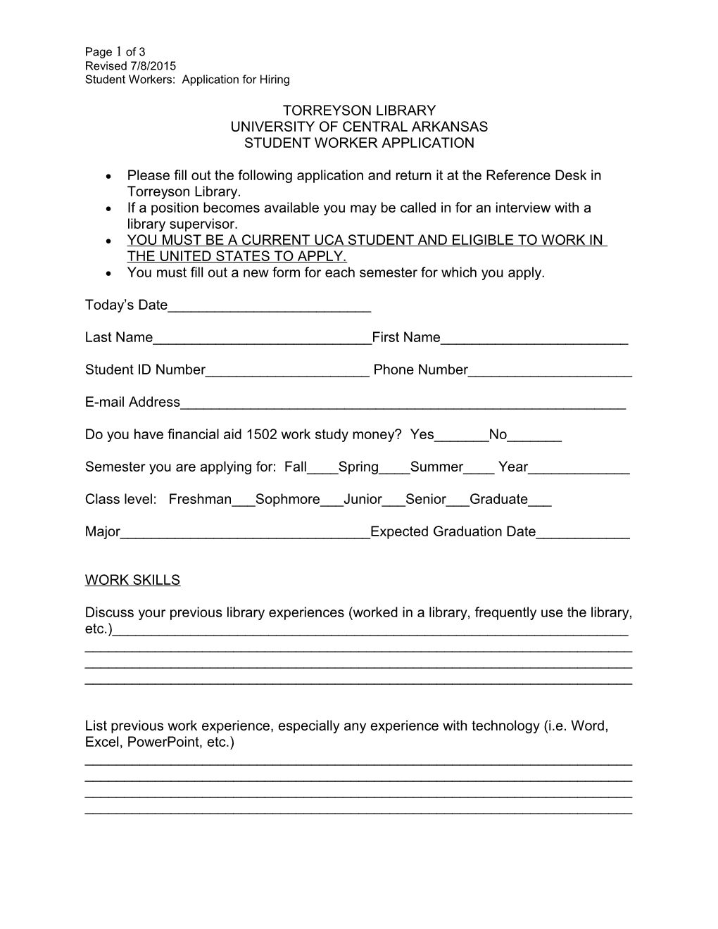 Student Workers: Application for Hiring