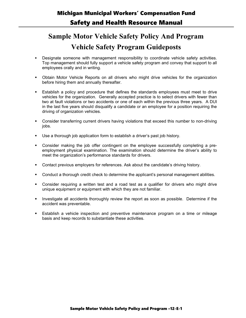 Sample Motor Vehicle Safety Policyand Program