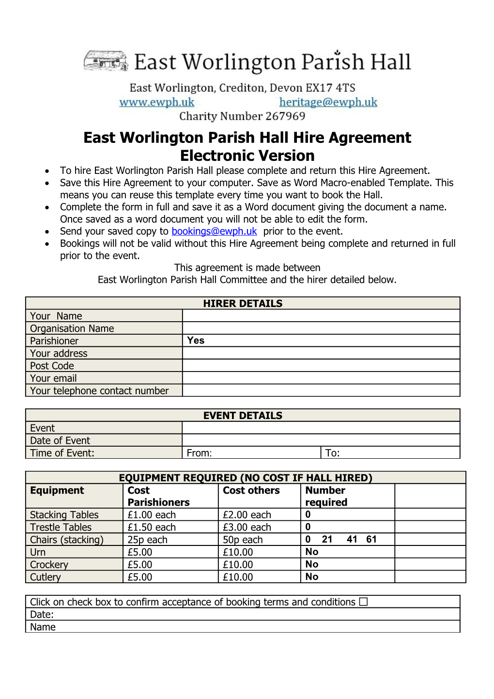 East Worlington Parish Hall Hire Agreement