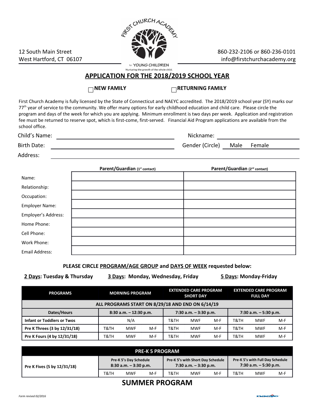 PLEASE CIRCLE PROGRAM/AGE GROUP and DAYS of Weekrequested Below