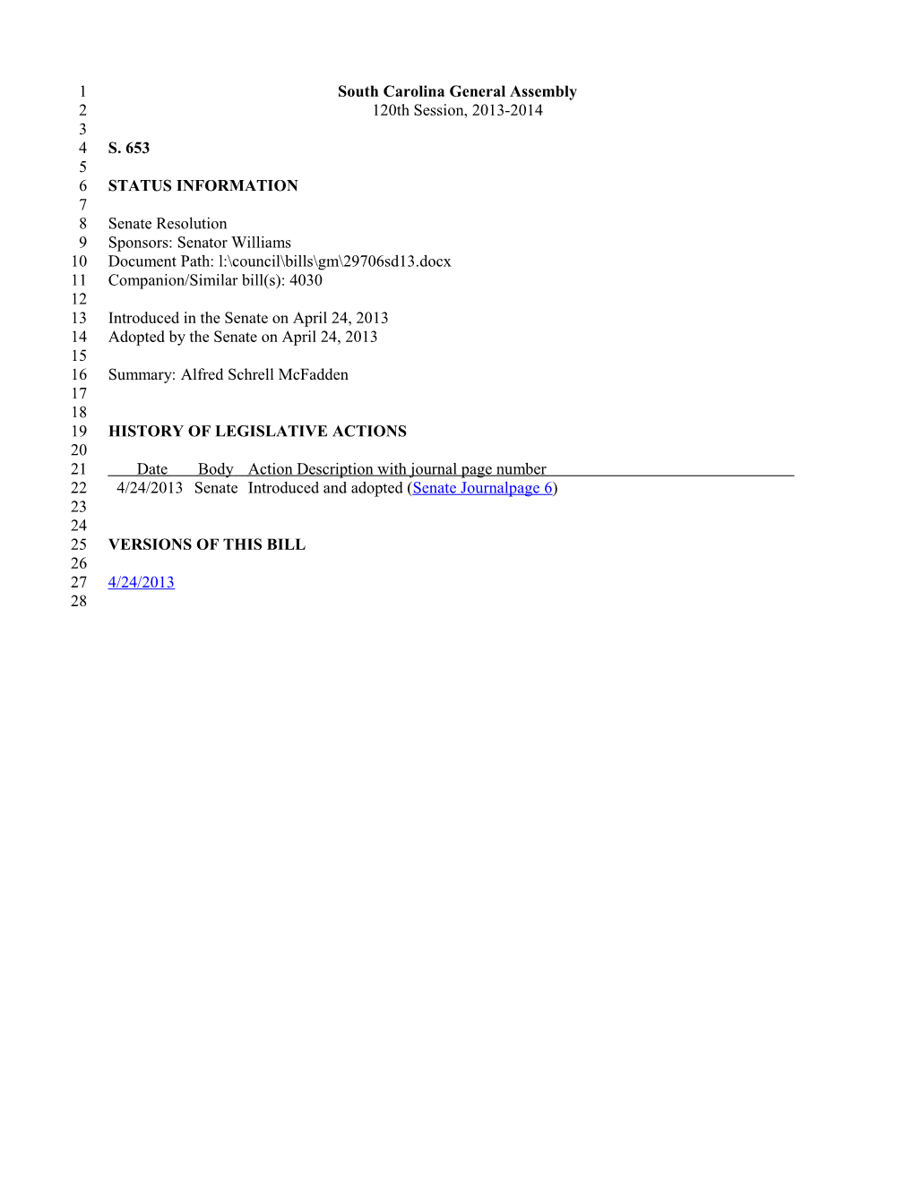 2013-2014 Bill 653: Alfred Schrell Mcfadden - South Carolina Legislature Online
