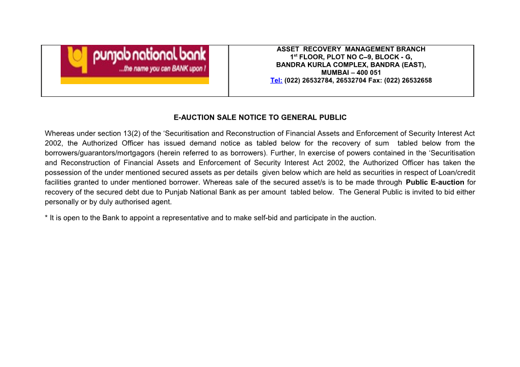 E-Auction Sale Notice to General Public