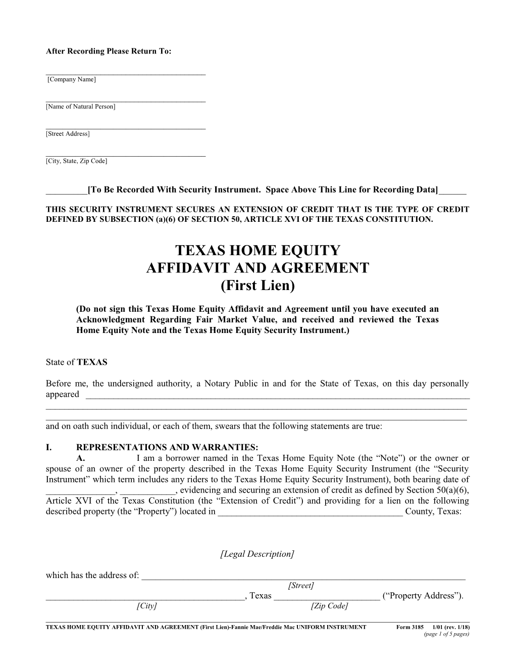 Form 3185 - Texas Home Equity Affidavit and Agreement