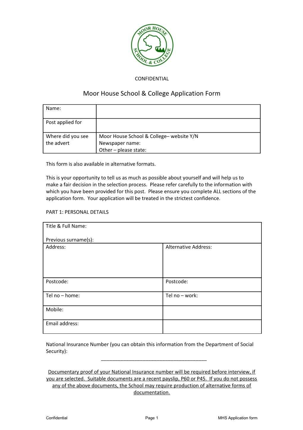 Moor House School & College Application Form