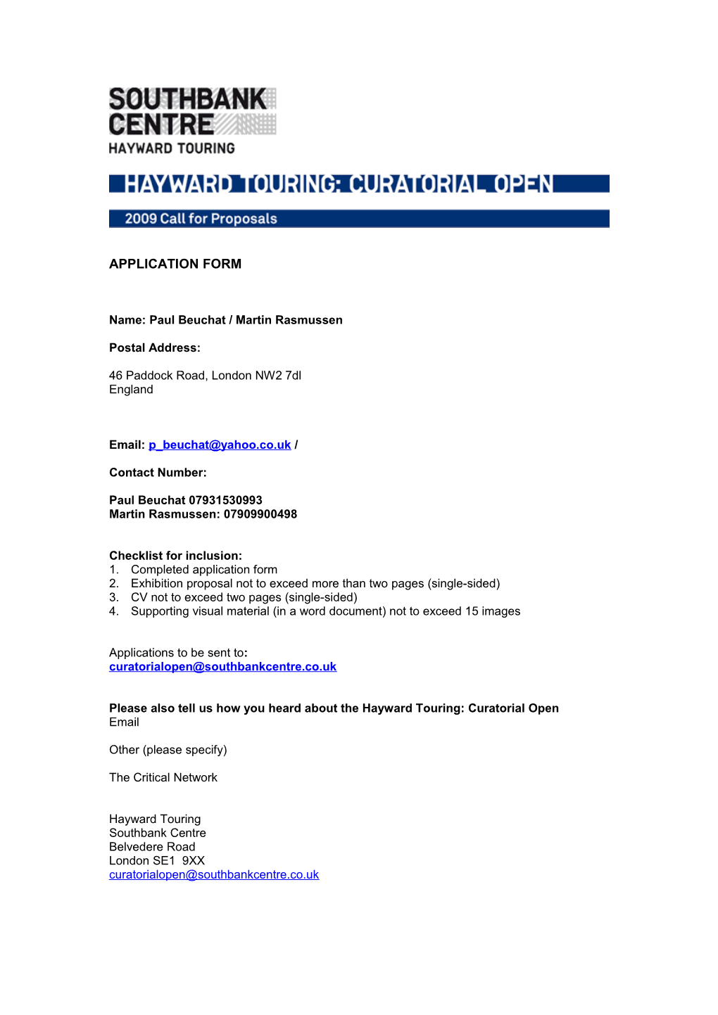 Hayward Touring: Curatorial Open 2009 Guidelines