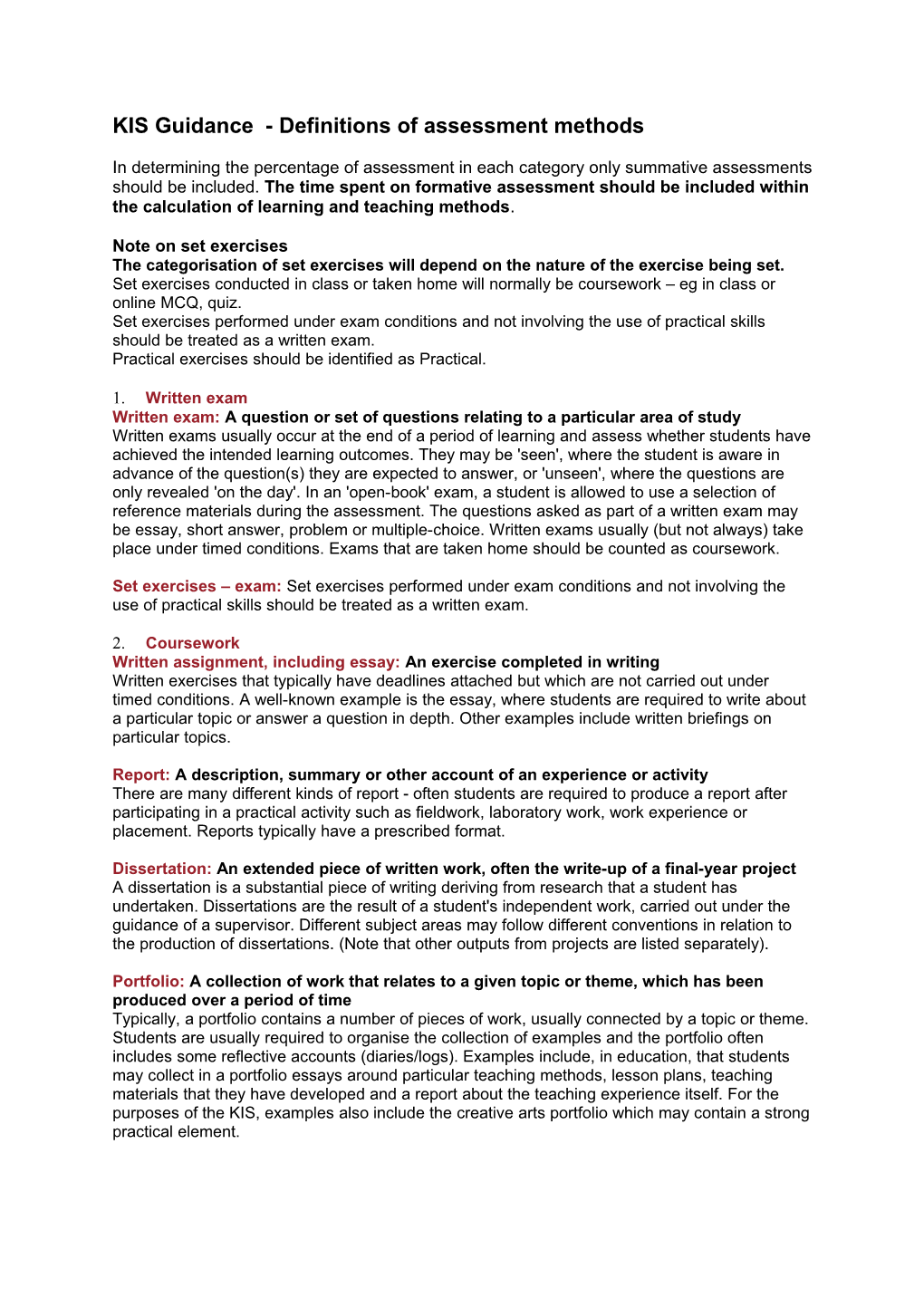 KIS Guidance - Definitions of Assessment Methods
