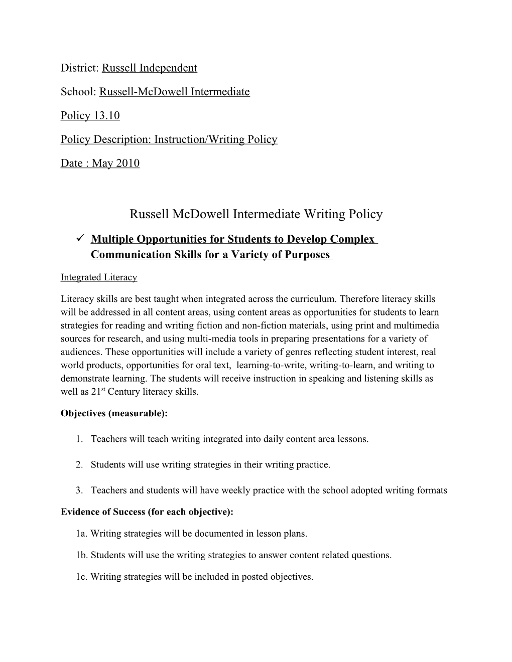 Russell Mcdowell Intermediate Writing Plan