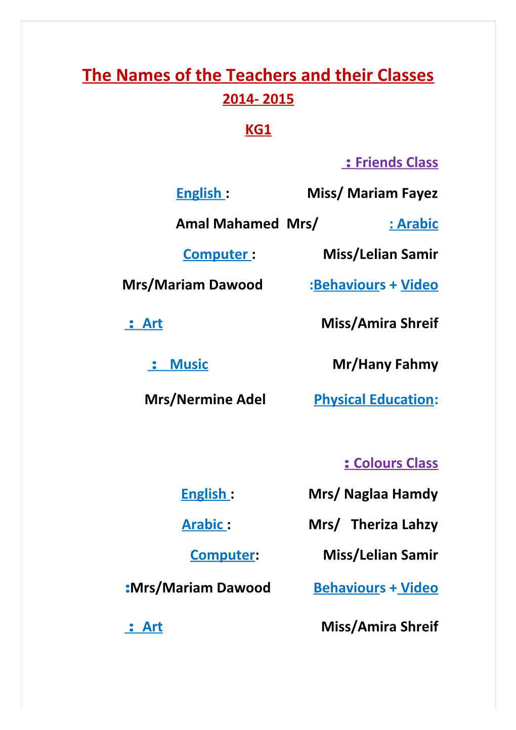 The Names of the Teachers and Their Classes 2014- 2015